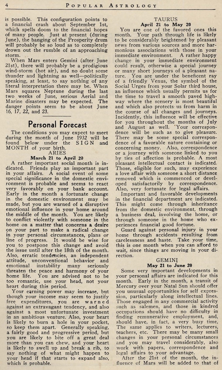 Popular Astrology June 1932 Paul Clancy Sun sign forecasts first page