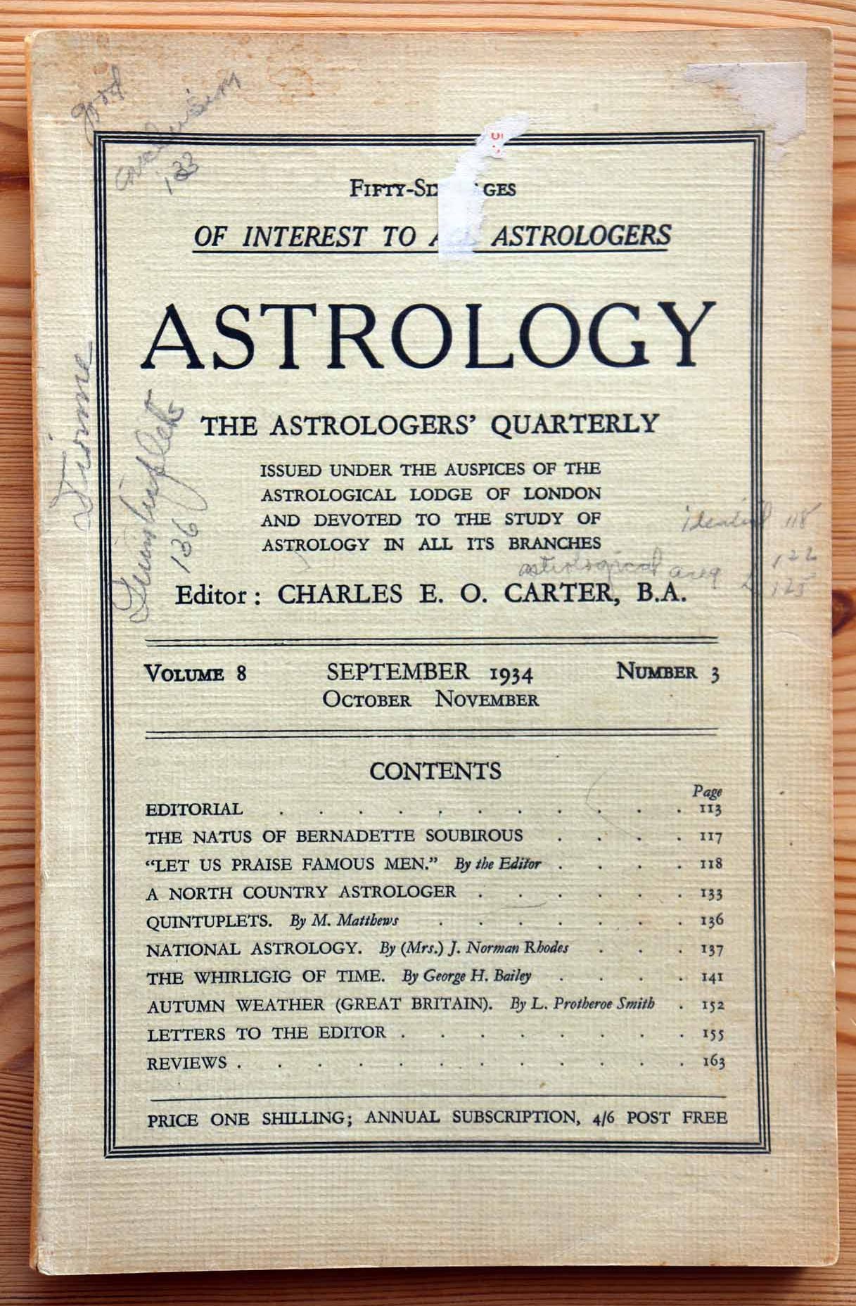 Astrology: the Astrologers’ Quarterly Volume 8 Number 3, September-November 1934, Copy 2