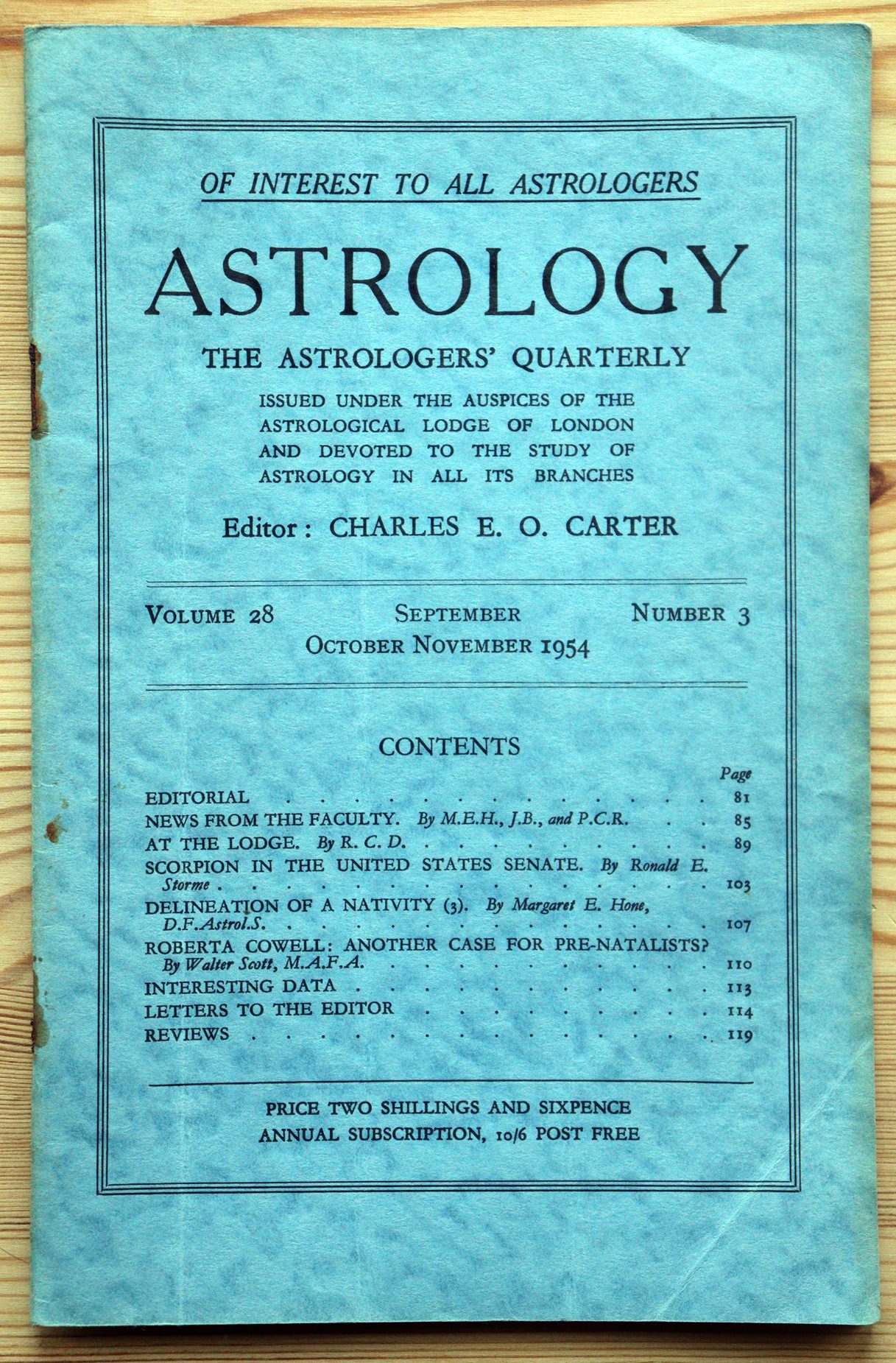 Astrology: the Astrologers’ Quarterly Volume 28 Number 3, September-November 1954